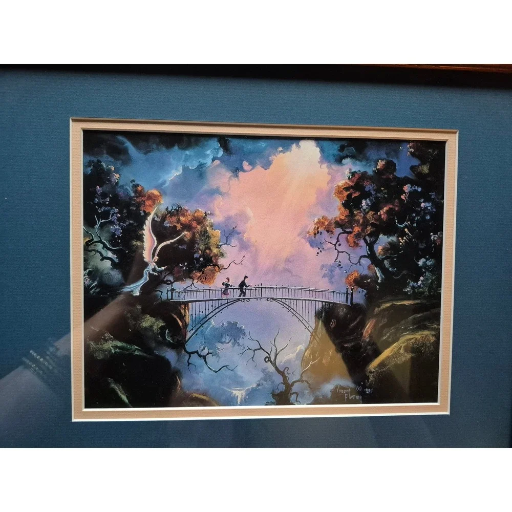 Vintage Vincent Fleming Angel Bridge Fantasy Art Prints Framed Pair 1995‎